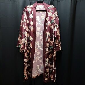A New Day Floral Satin Kimono Robe - Burgundy